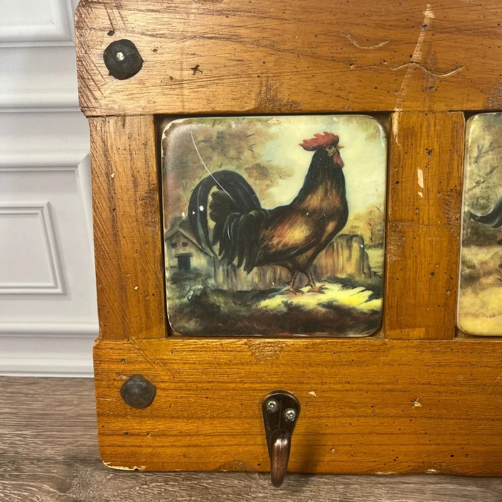 Rooster Wall Rack Wood Ceramic Tile 3 Hook Key Holder Brown Farmhouse Rustic